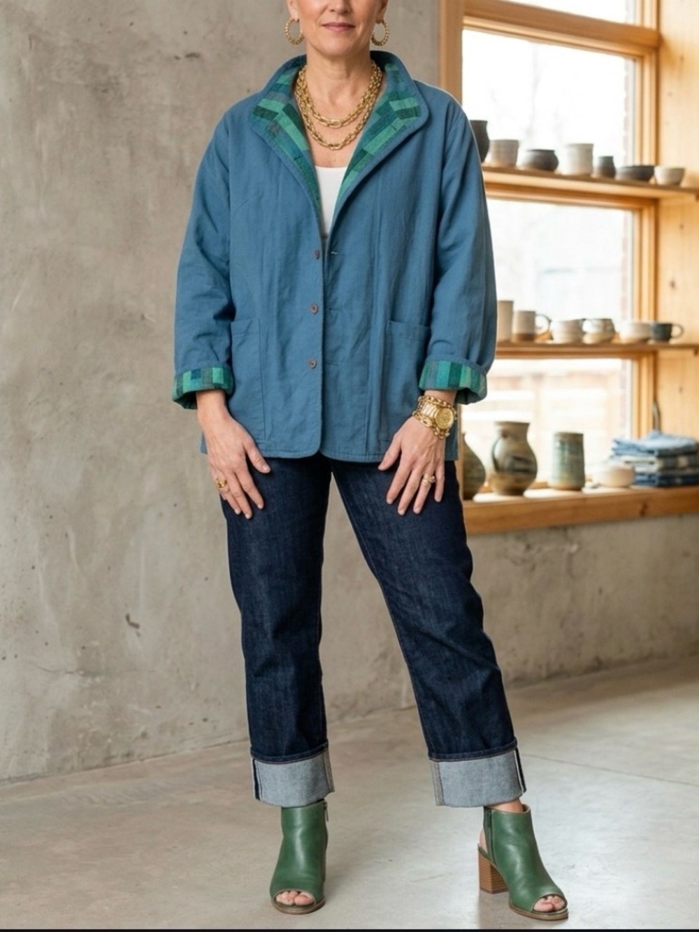 Vintage Quilted Patchwork Reversible Utility Jacket - Blue Green